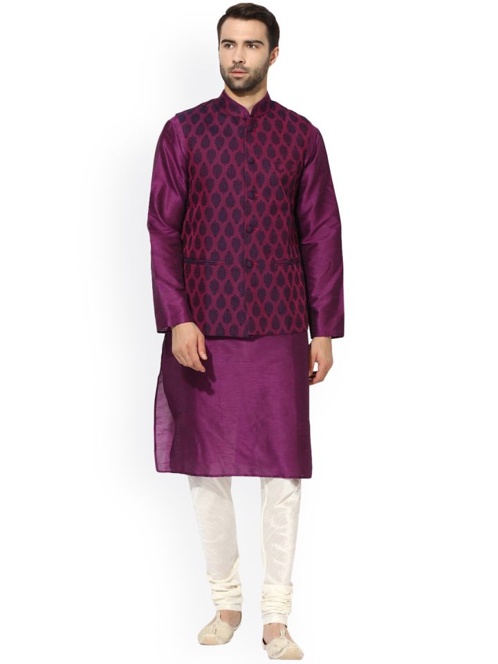 Buy KISAH Men Purple Off White Solid Kurta Churidar With Nehru