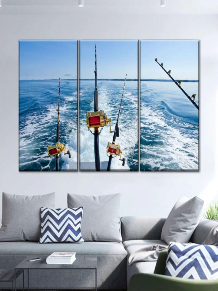 Buy POSTERS AND TRUSS 3 Pcs Blue & White Fishing Reel In Natural Setting  Painting Wall Art - Wall Art for Unisex 22339954