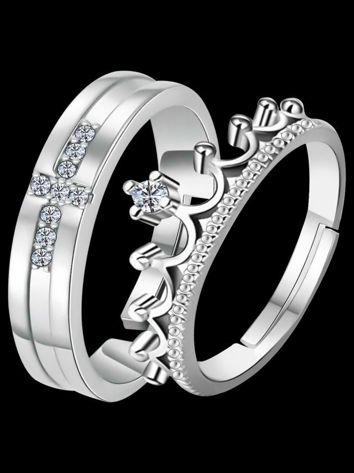 Buy Silver Shine Set Of 2 Silver Plated AD Studded Couple Rings