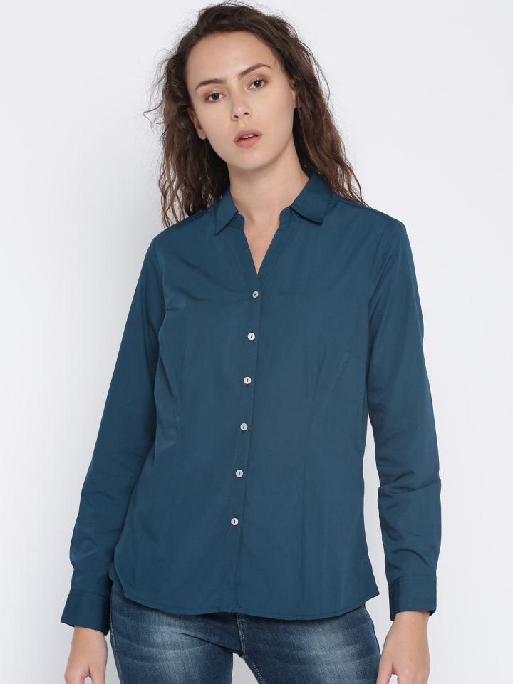 Buy Annabelle By Pantaloons Women Teal Blue Regular Fit Solid Casual Shirt  - Shirts for Women 2237317