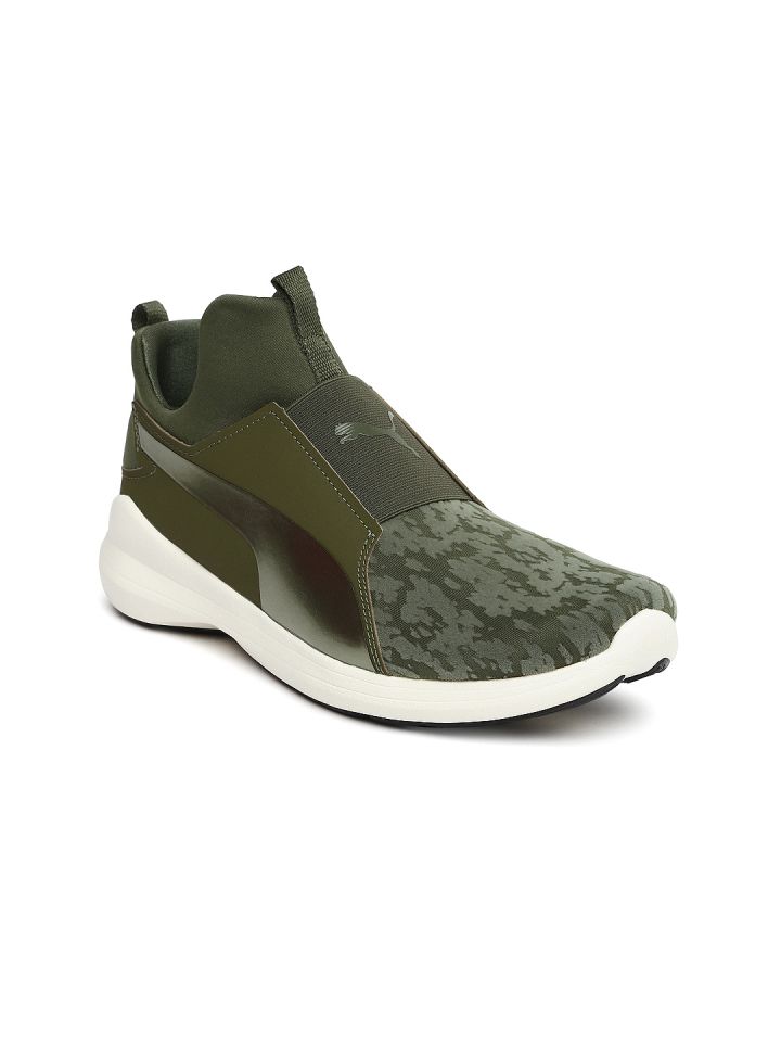 Puma Women Olive Green Solid Mesh Mid Top Slip On Sneakers