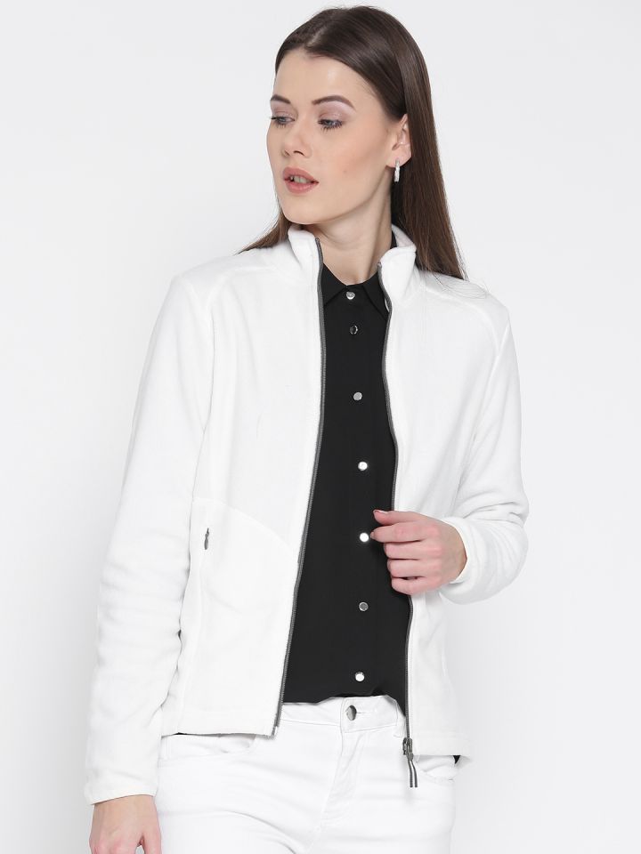 Marks Spencer Women Off White Solid Fleece Tailored Jacket