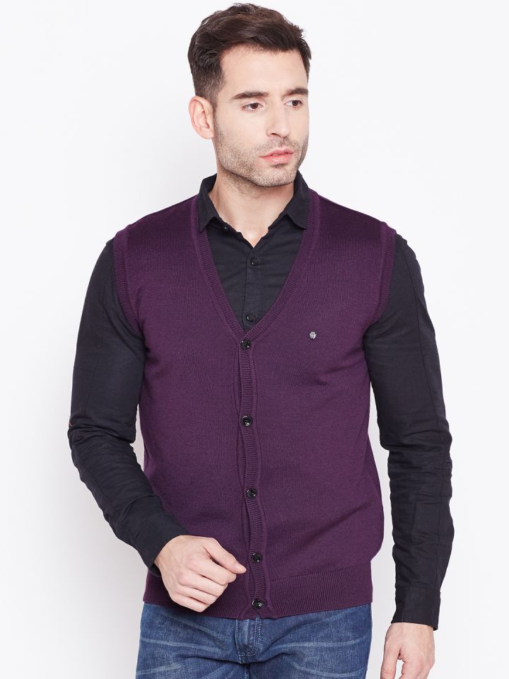 purple sleeveless cardigan