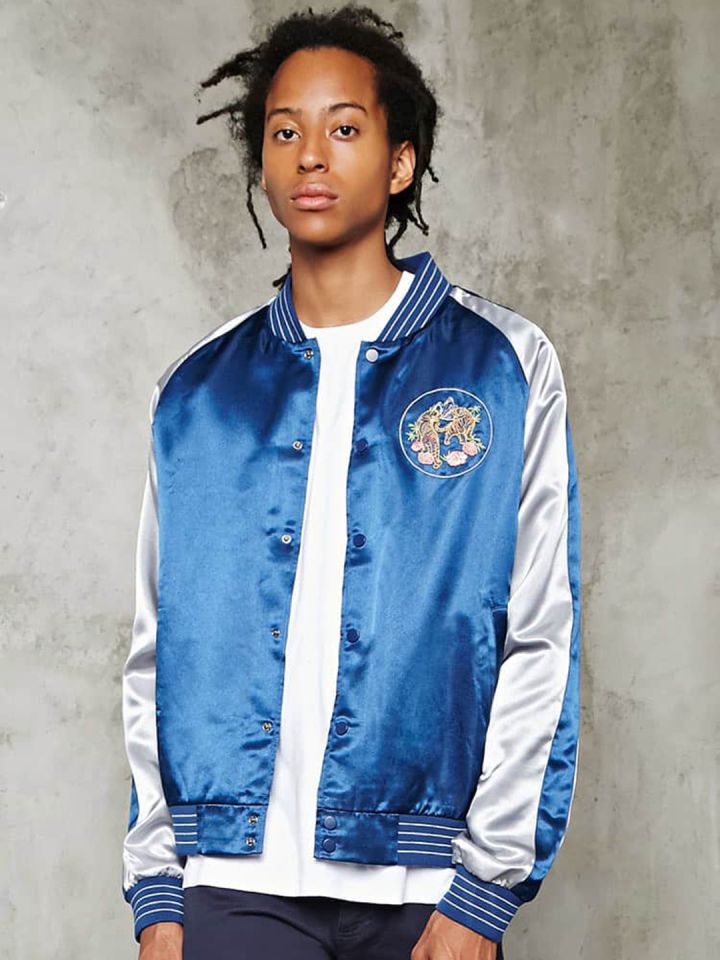 Blue satin bomber jacket discount