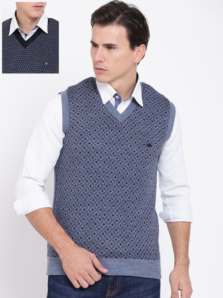 Duke Men Navy Grey Self Design Reversible Sweater Vest