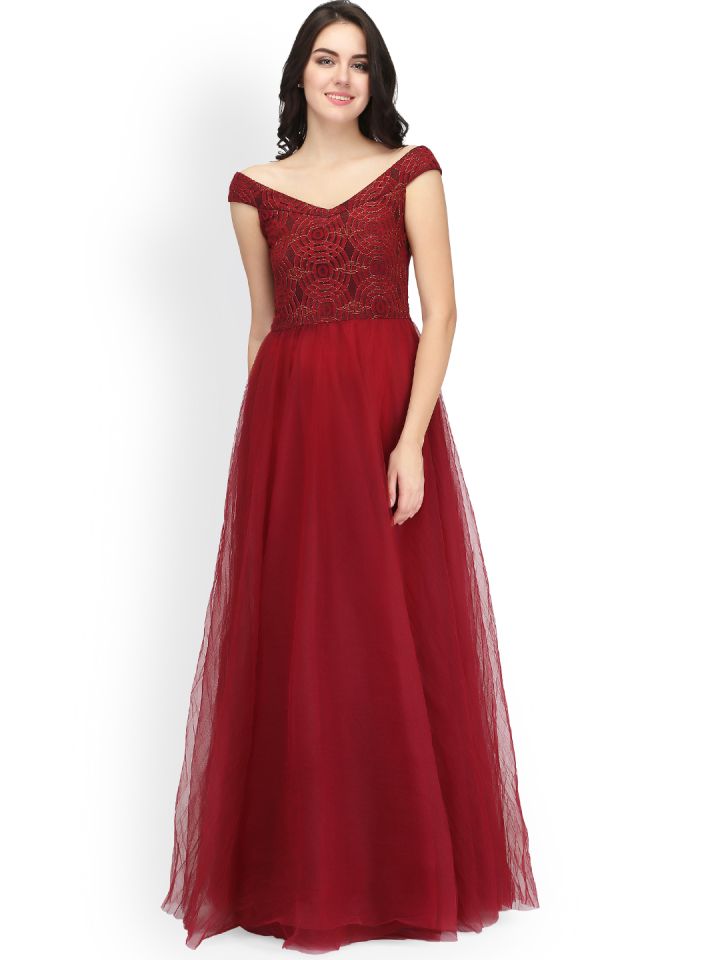Buy Eavan Women Maroon Self Design Maxi Dress Dresses for Women