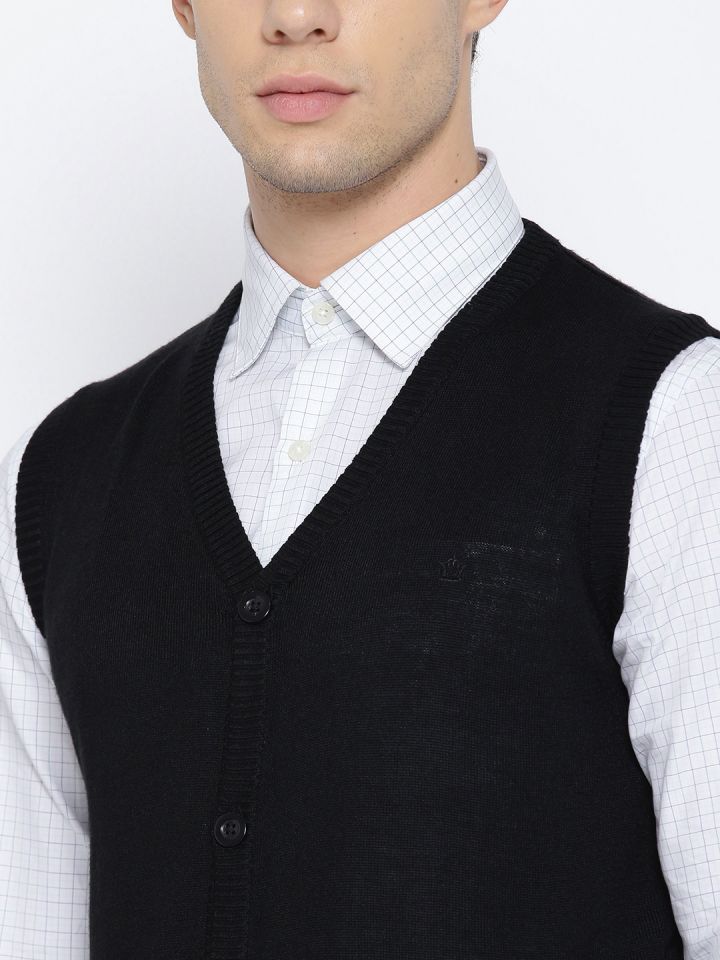 Buy Louis Philippe Men Black Solid Sleeveless Cardigan Sweaters