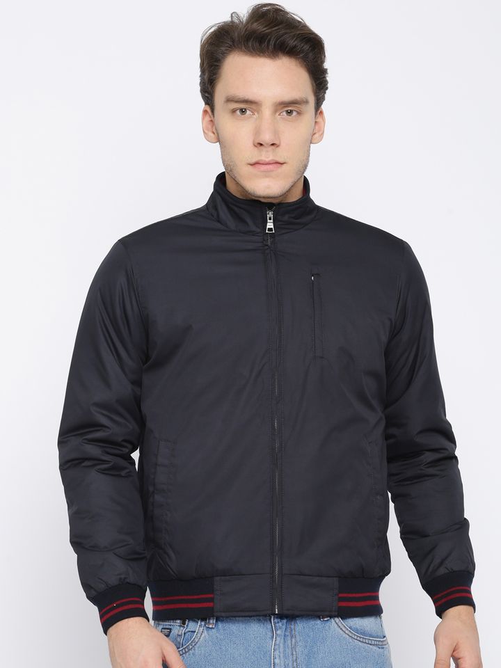 Men Navy Solid Bomber Jacket - Jackets 
