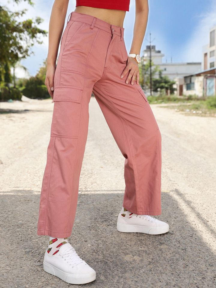 Hot Pink Woven Pocket High Waist Cargo Pants