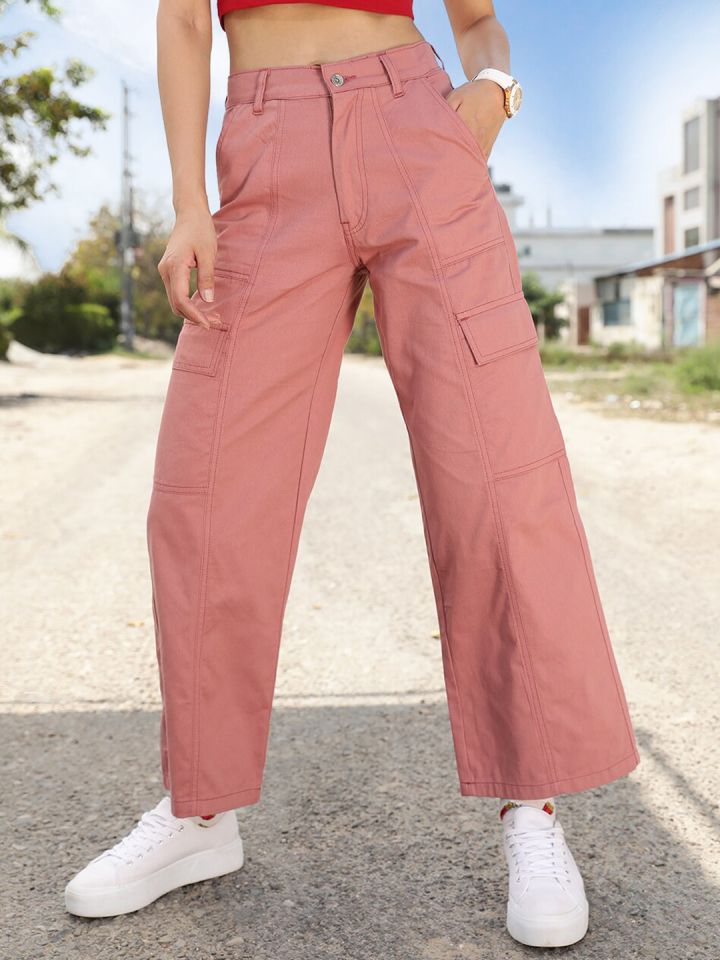 Buy STREET 9 Women Pink Relaxed Loose Fit High Rise Cargo Trousers
