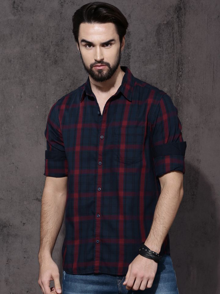 Buy Roadster Men Navy Blue Checked Casual Sustainable Shirt