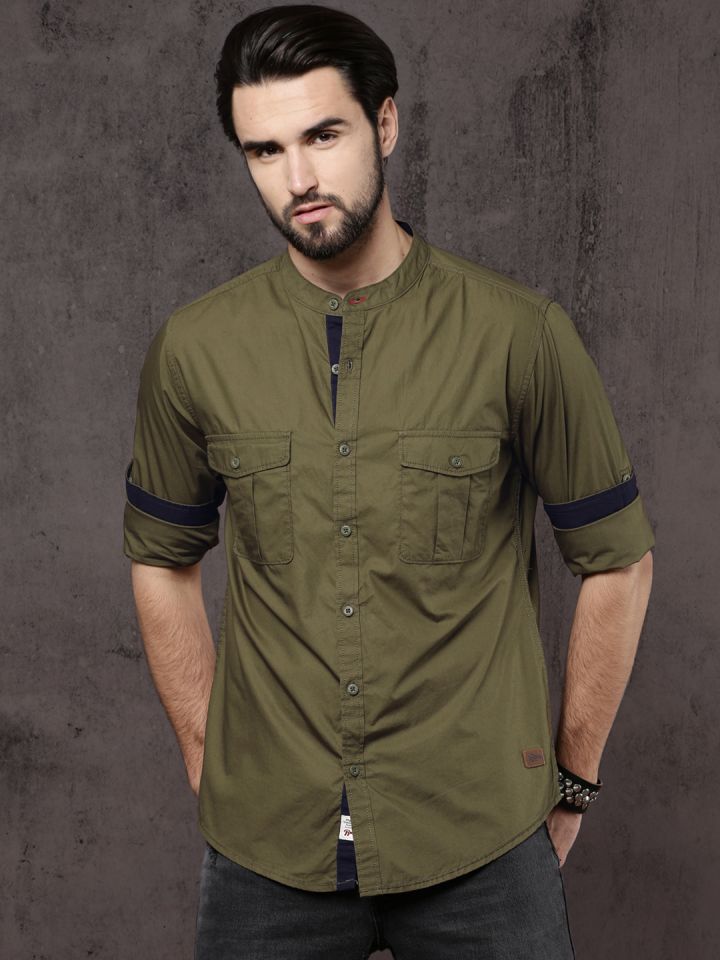 Roadster Men Olive Green Regular Fit Solid Mandarin Collar Casual Shirt