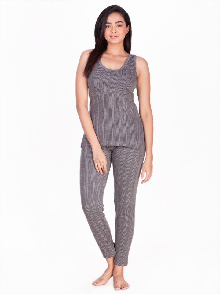 Buy Dollar Ultra Women Charcoal Grey Striped Thermal Set - Thermal Set for  Women 2285654