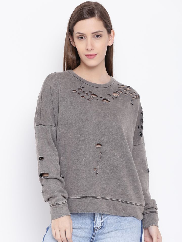 FOREVER 21 Women Grey Distressed Sweatshirt