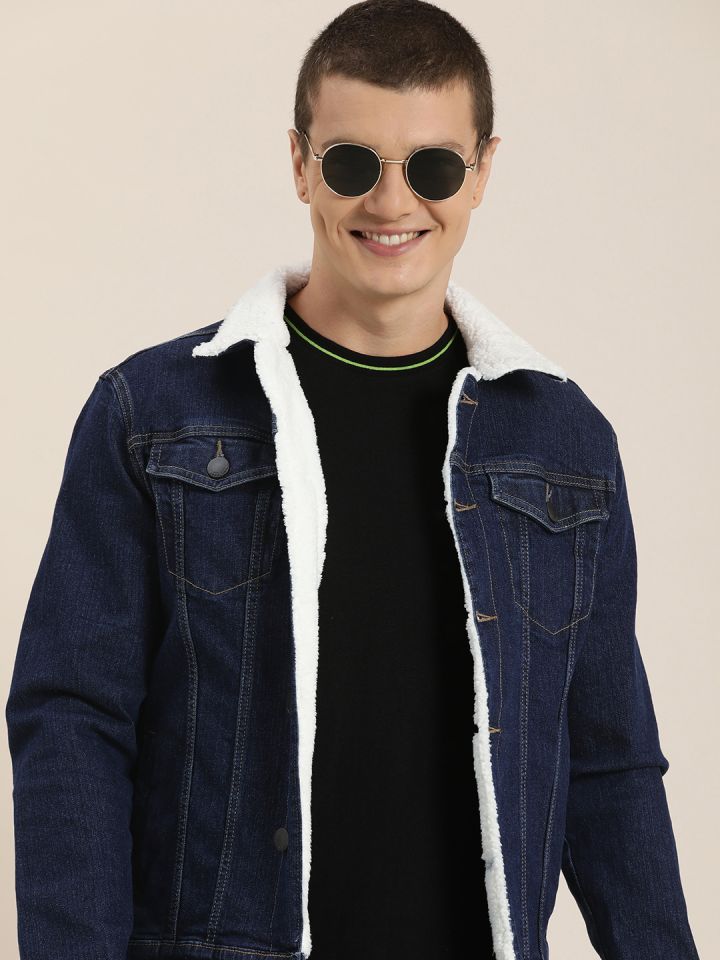 Mens denim jacket with sheepskin collar on sale