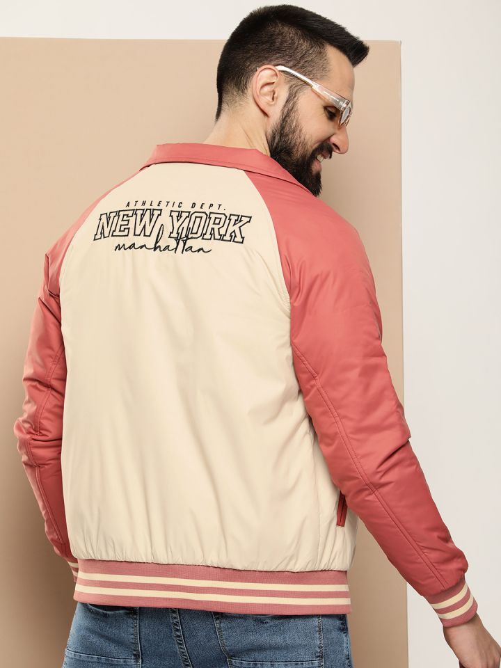 Buy HERE NOW Typography Printed Spread Collar Bomber Jacket