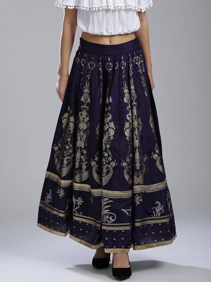 W Purple Printed Flared Maxi Skirt