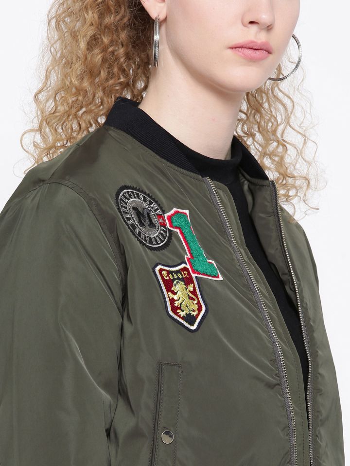 Madame Women Olive Green Applique Bomber Jacket