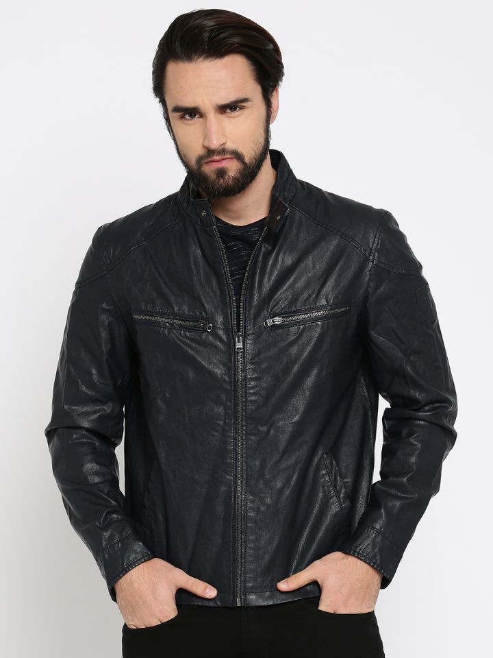 Tommy Hilfiger Men Navy Blue Solid Biker Jacket