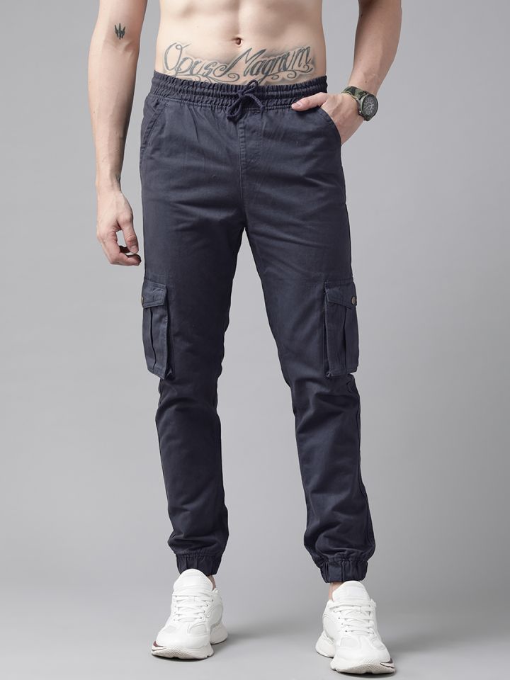 Buy Roadster Men Navy Blue Solid Mid Rise Woven Pure Cotten Cargo Trousers   Trousers for Men 2291319  Myntra