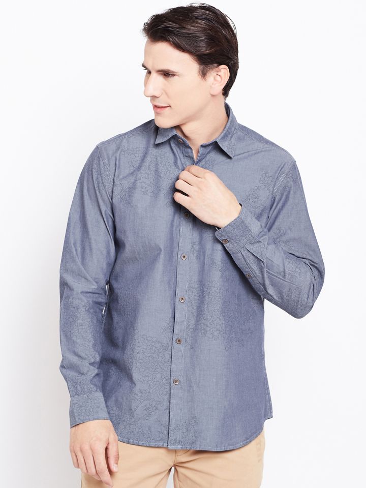 Buy John Players Men Blue Trim Fit Printed Chambray Smart Casual
