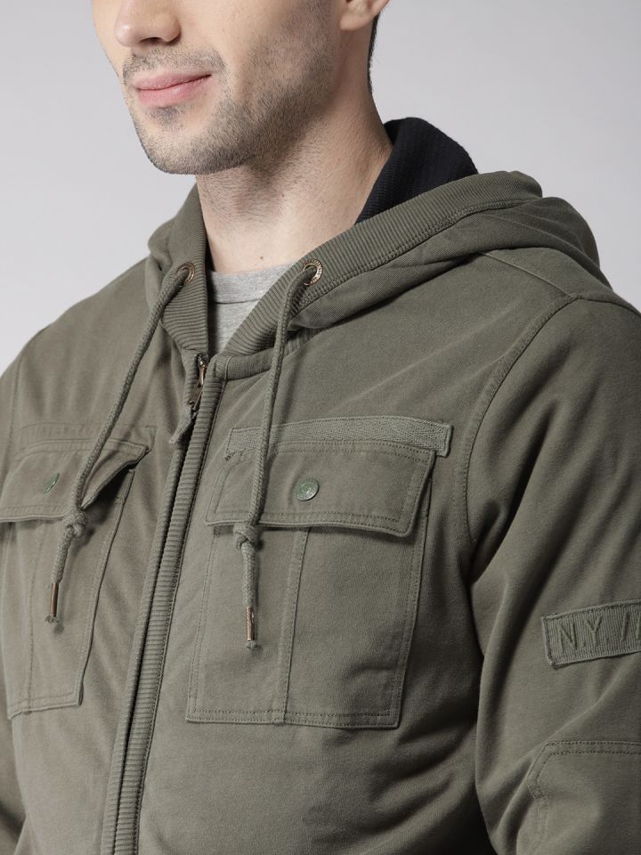 Aeropostale Men Olive Green Solid Hooded Tailored Jacket