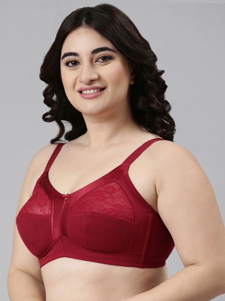 Enamor Maroon Non-Wired Non Padded Full Coverage Bra with Lace A014