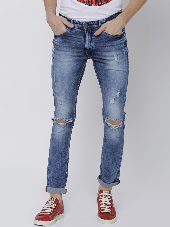 LOCOMOTIVE Men Blue Slim Fit Mid Rise Slash Knee Stretchable Jeans
