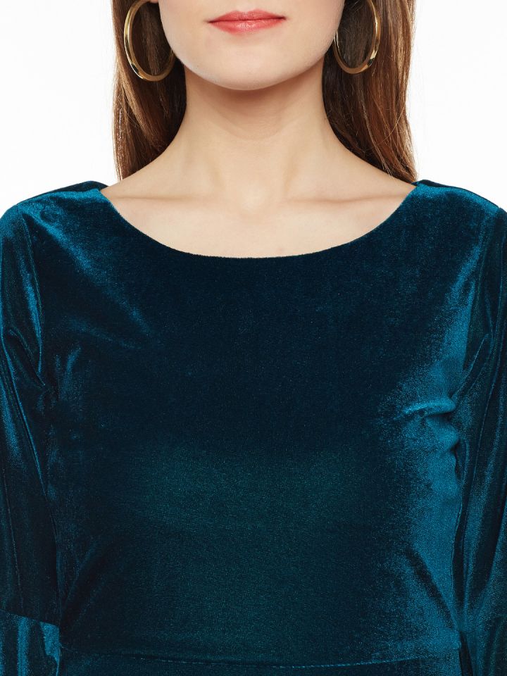 Buy Athena Women Teal Solid Velvet Finish Maxi Dress Dresses for