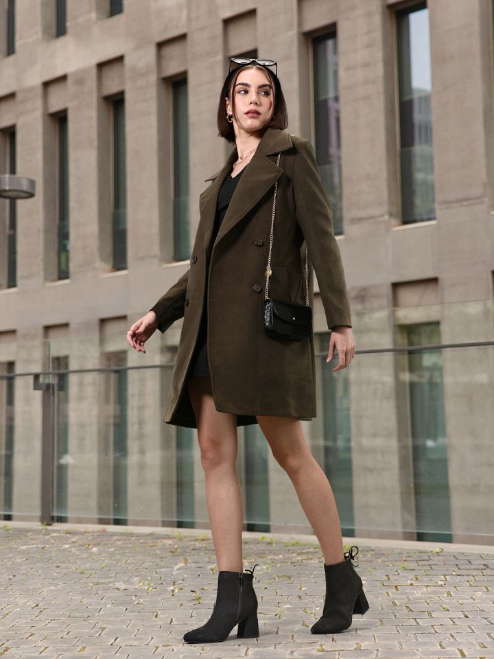 Buy 4WRD By Dressberry Solid Notched Lapel Collar Longline Pea
