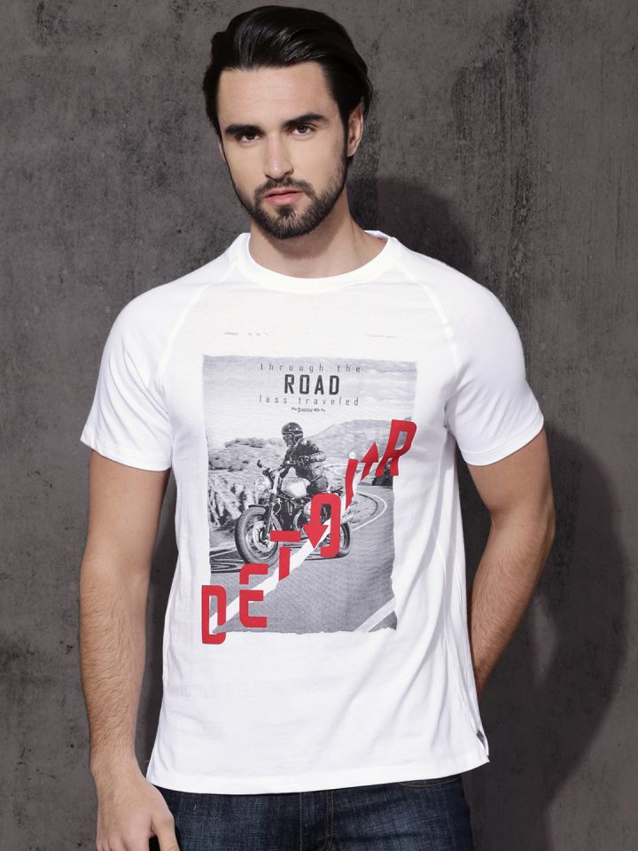 Roadster Men White Pure Cotton Printed Round Neck Pure Cotton T shirt
