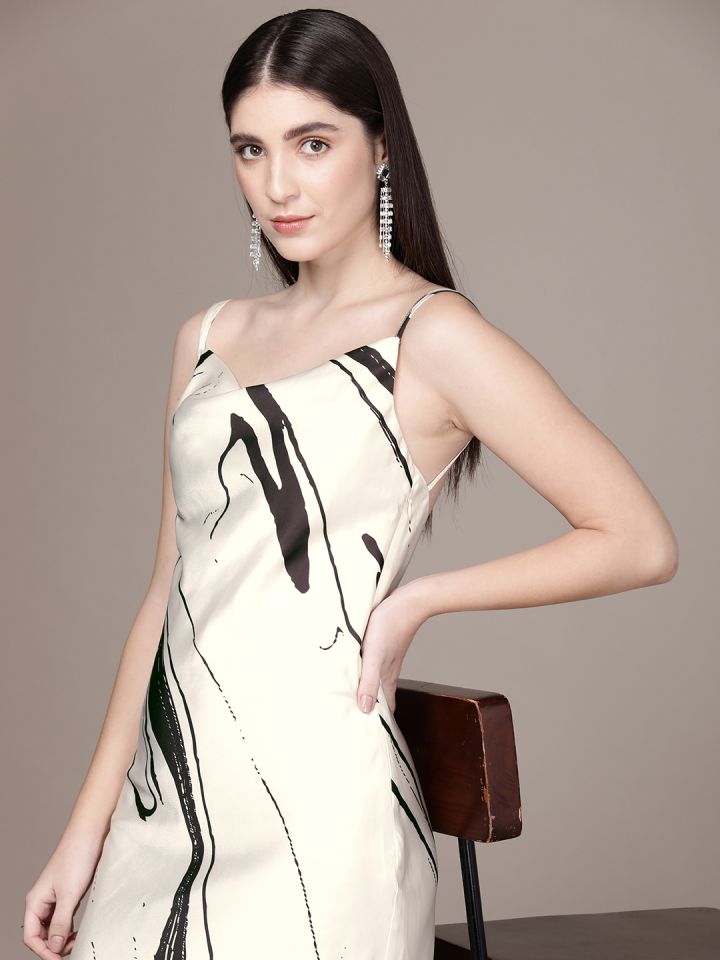 French Connection Abstract Printed Satin Finish Sheath Midi Dress