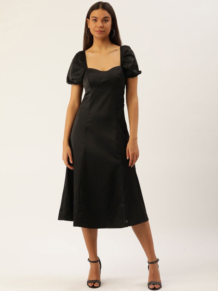 Buy FOREVER 21 Solid Puff Sleeve A Line Midi Dress Dresses for