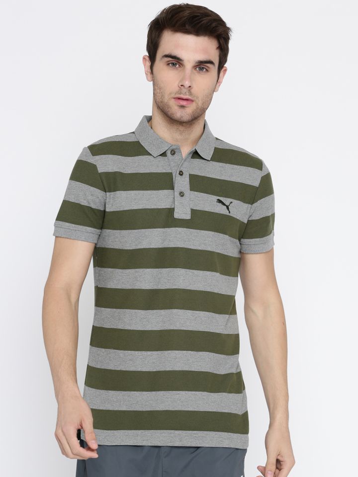 Buy Puma Men Grey Olive Green Striped Polo Collar ESS T Shirt