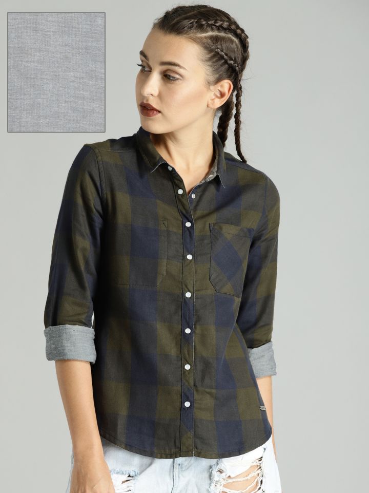 Buy Roadster Women Olive Green Grey Regular Fit Reversible Checked Casual Shirt Shirts For Women 2318002 Myntra