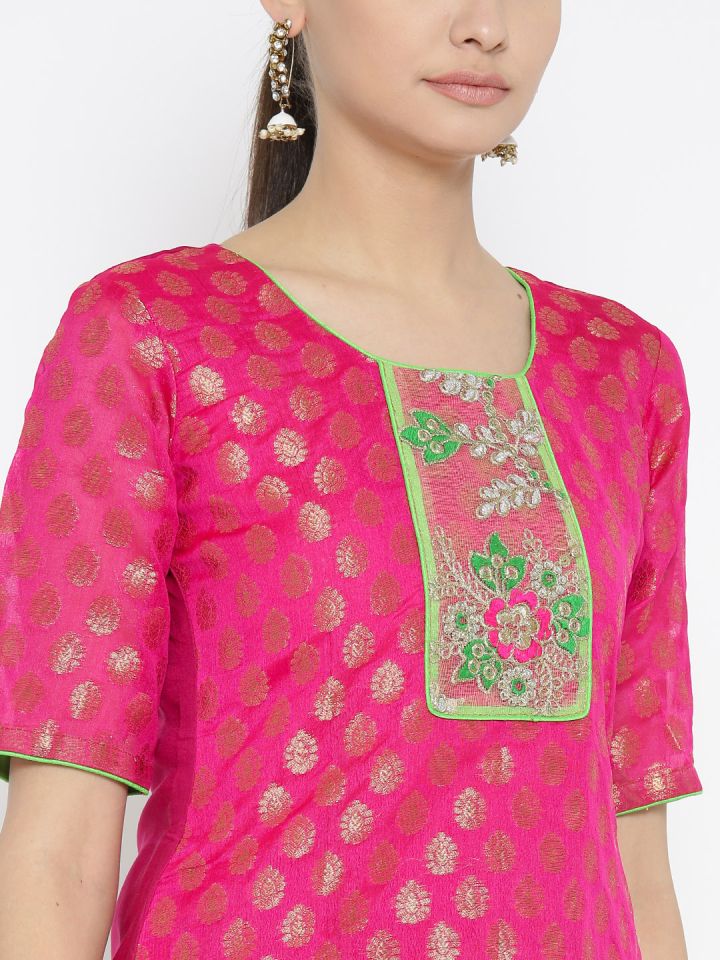 Banarasi Style Women Pink Green Self Design Kurti with Palazzos