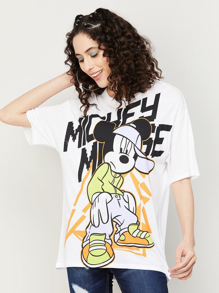 Ginger by Lifestyle Drop Shoulder Sleeves Mickey Mouse Print T shirt