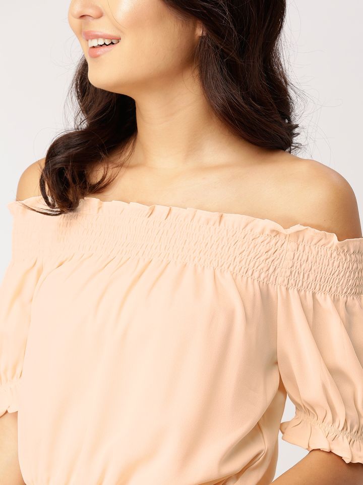 Buy DressBerry Women Peach Coloured Solid Bardot Top Tops for