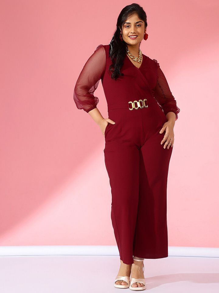 CURVE BY KASSUALLY Maroon V Neck Long Sleeve Basic Jumpsuit