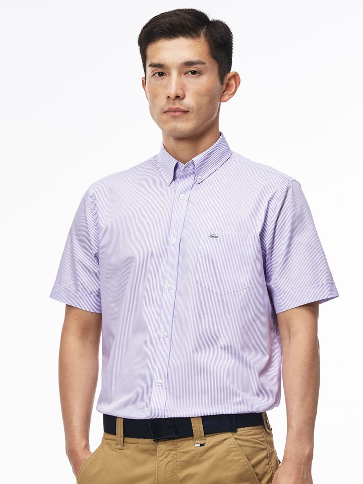 purple and white lacoste shirt