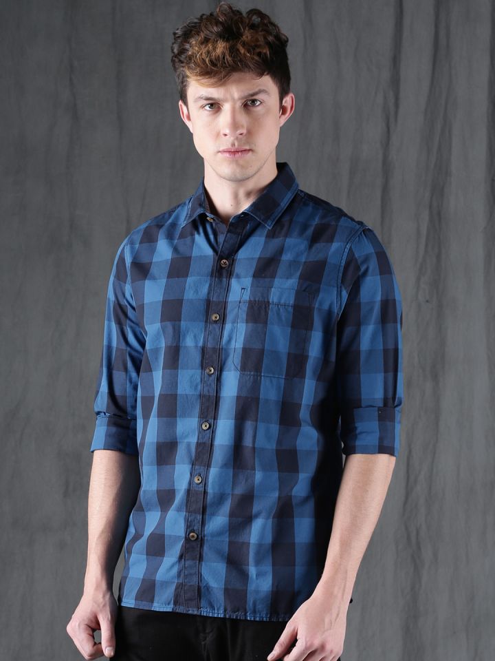 Wrogn navy blue slim fit checked casual shirt top