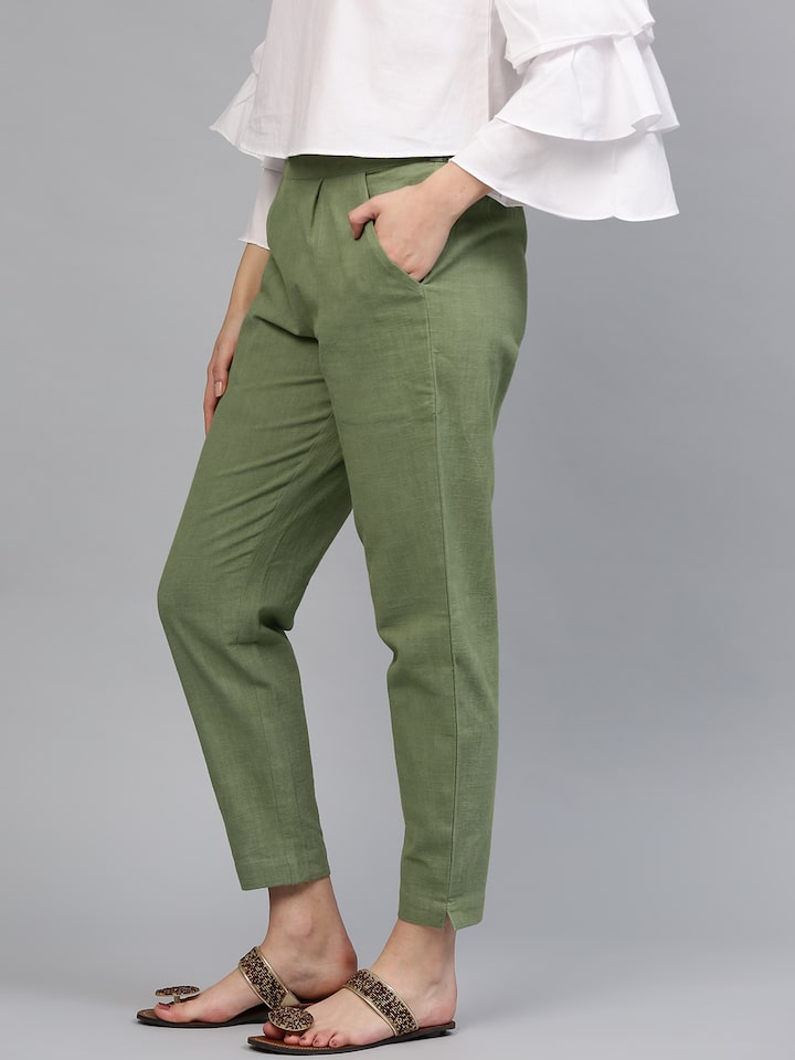 Buy Olive Green Cotton Slub Solid Women Pant for Best Price Reviews Free  Shipping