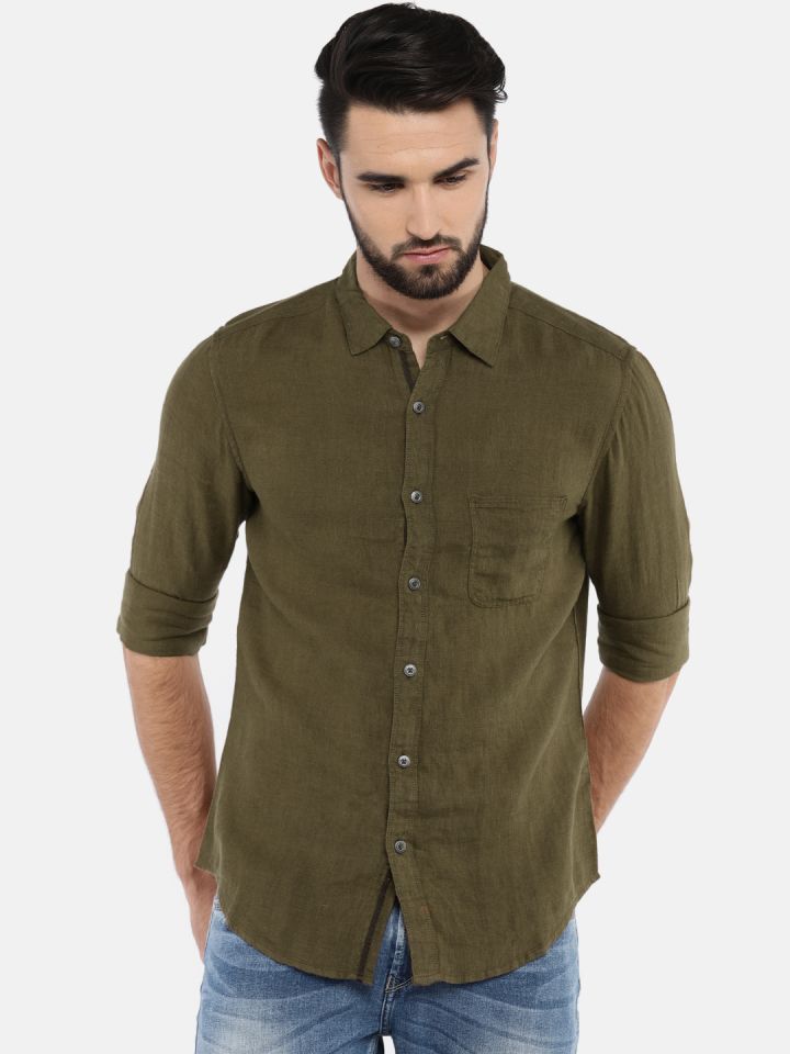 Buy SPYKAR Men Olive Green Linen Slim Fit Solid Casual Shirt