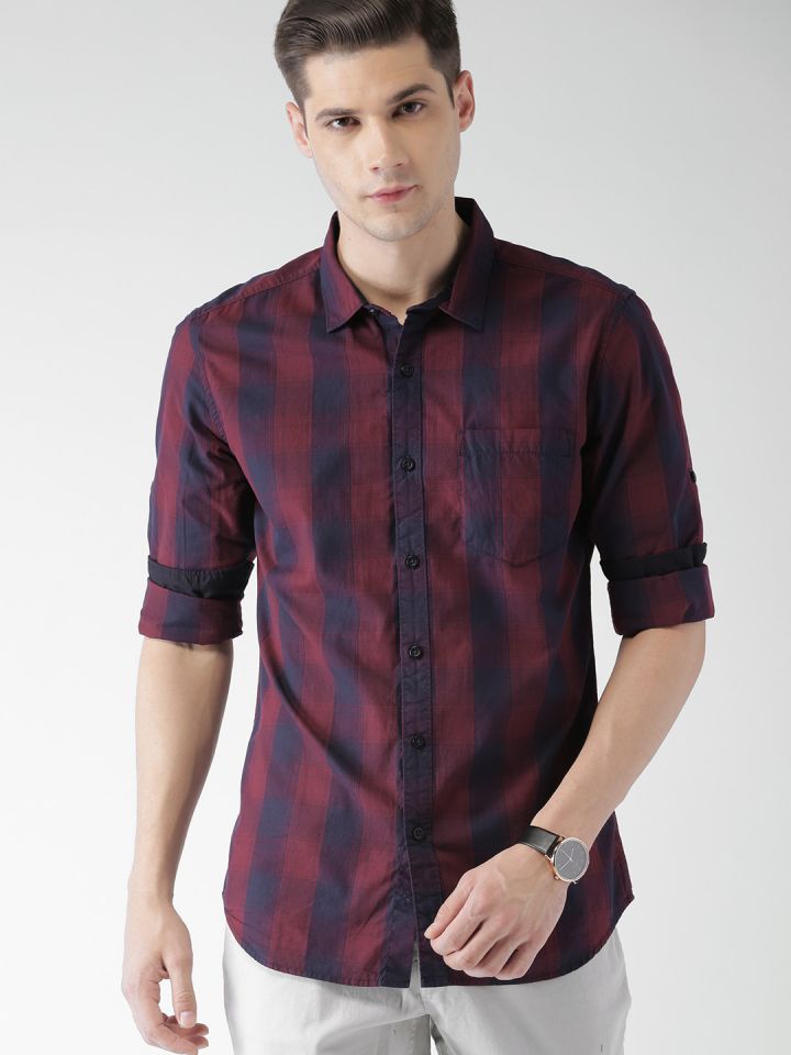 Buy HIGHLANDER Men Navy Red Slim Fit Checked Casual Shirt