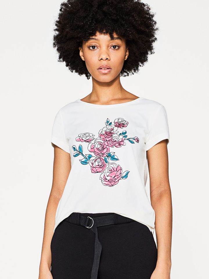 Buy ESPRIT Women Off White Floral Print Round Neck T Shirt