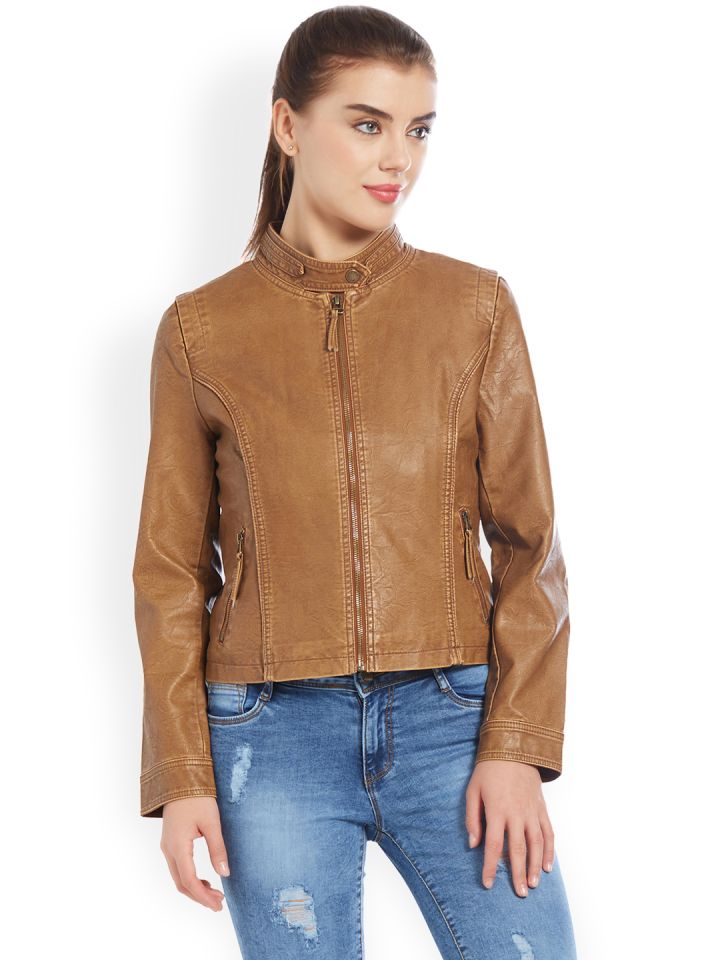 Kraus Jeans Women Coffee Brown Solid Biker Jacket