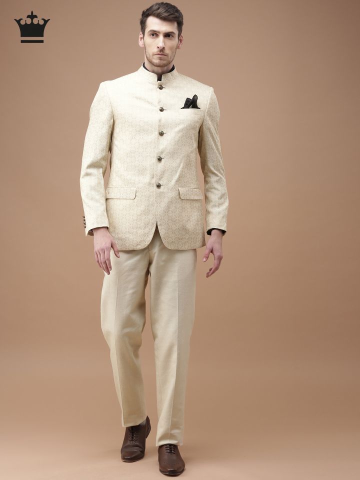 Louis Philippe Beige Regular Ultra Fit Self Design Ethnic Bandhgala Suit