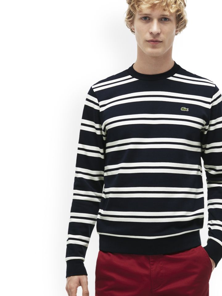 Lacoste Men Navy Blue White Striped Sweatshirt