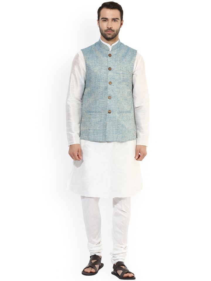 Light blue kurta best sale with waistcoat
