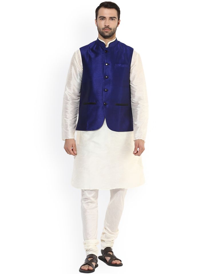 KISAH Men Off White Navy Blue Solid Kurta Waistcoat with Churidar